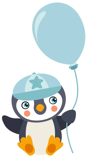Cute Baby Boy Penguin Holding Blue Balloon — Vetor de Stock