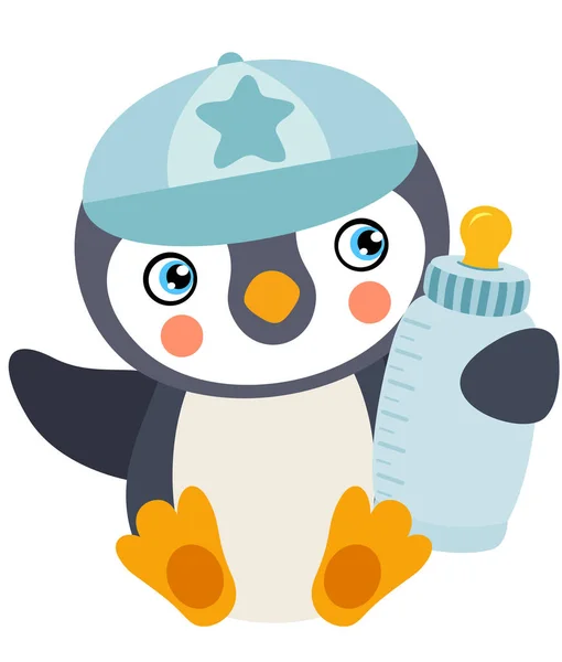 Cute Baby Boy Penguin Holding Baby Bottle Milk — ストックベクタ