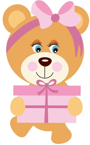 Mignon Bébé Fille Ours Peluche Tenant Une Boîte Cadeau — Image vectorielle