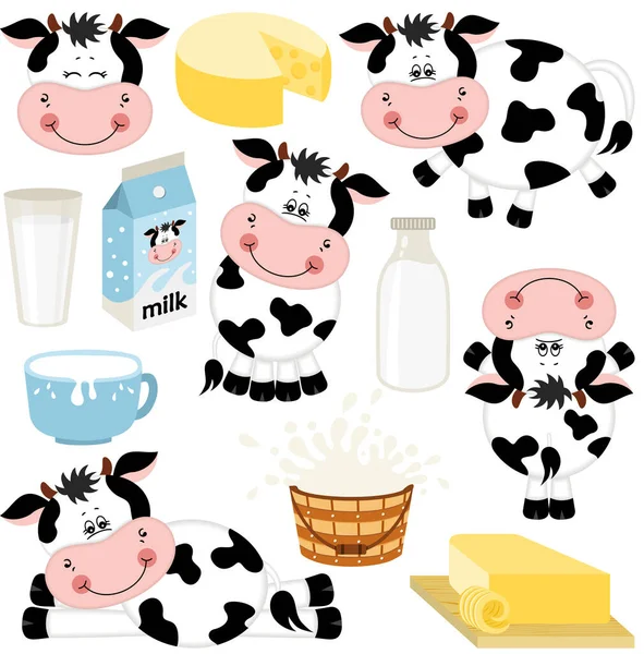 一系列带有农场奶牛奶 奶酪和黄油的乳制品 — 图库矢量图片