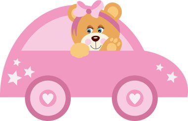 Pembe oyuncak arabadaki sevimli kız ayıcık.