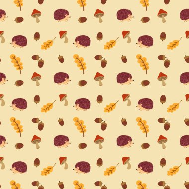 Kirpi ve mantarlı sonbahar pürüzsüz arkaplan deseni