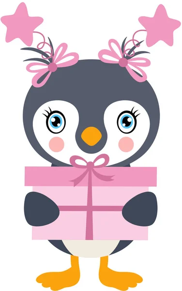 Schattig Baby Meisje Pinguïn Met Een Geschenk Doos — Stockvector