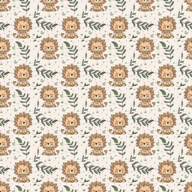 Komik aslanlı ve yapraklı kusursuz arkaplan deseni