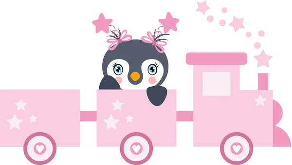 Lindo Pingüino Bebé Niña Tren Juguete Rosa — Vector de stock