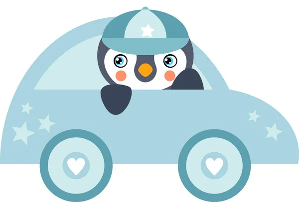 可爱的男婴企鹅骑在蓝色玩具车上 — 图库矢量图片