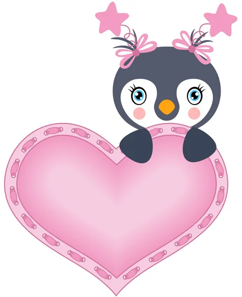 Lindo Pingüino Bebé Con Corazón Rosa — Vector de stock