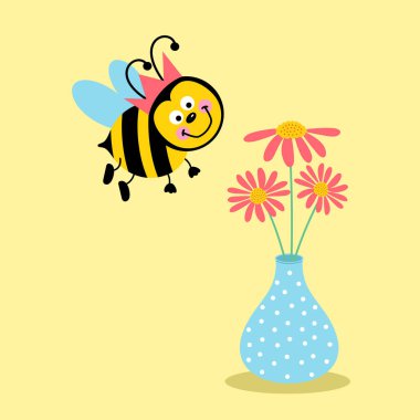 Funny illustration with cute bee and vase with flowers