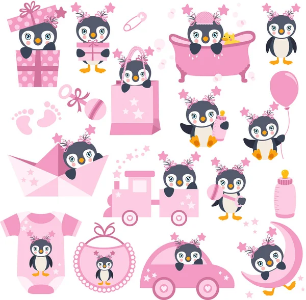 Conjunto Elementos Digitales Con Lindo Pingüino Bebé Niña — Archivo Imágenes Vectoriales