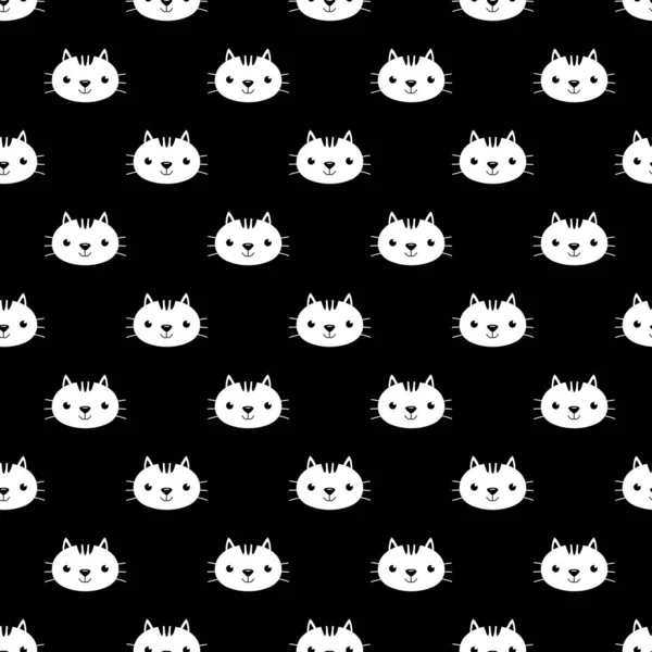 可爱猫脸的黑色无缝图案 — 图库矢量图片