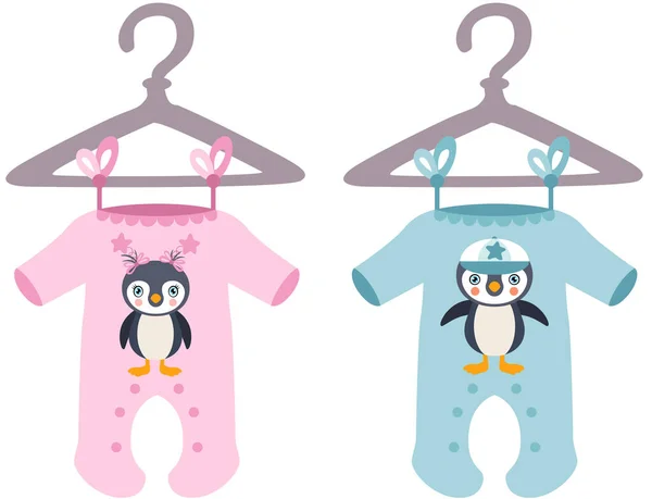 Roze Blauwe Baby Bodysuit Met Schattige Pinguïn — Stockvector