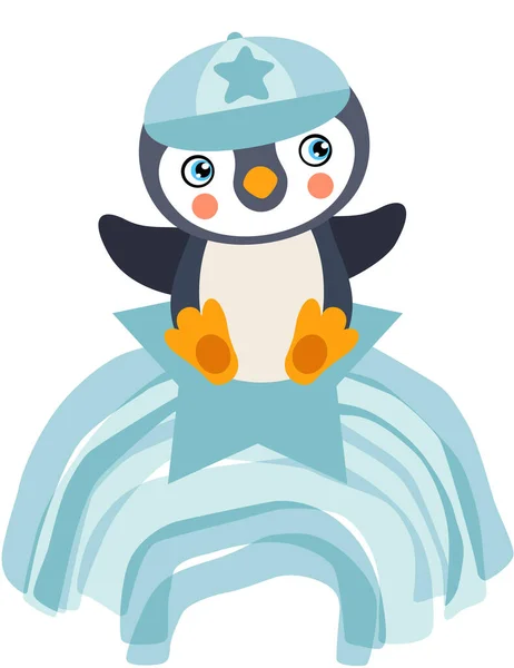 Słodkie Dziecko Chłopiec Pingwin Gwiazdy Niebieski Tęcza — Wektor stockowy