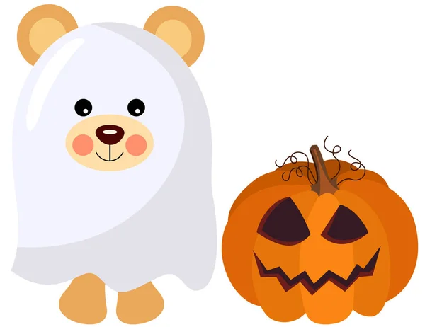 Cute Teddy Bear Ghost Pumpkin — Stock Vector