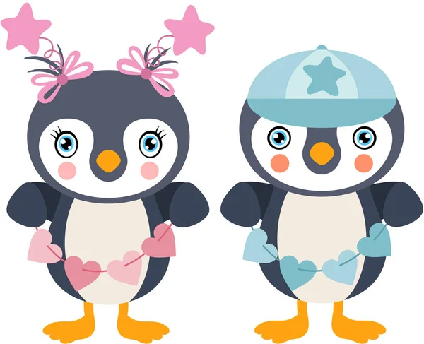 Pinguim Bebê Rosa Azul Segurando Corda Corações — Vetor de Stock