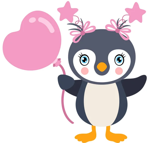 Bébé Fille Pingouin Tenir Ballon Coeur Rose — Image vectorielle
