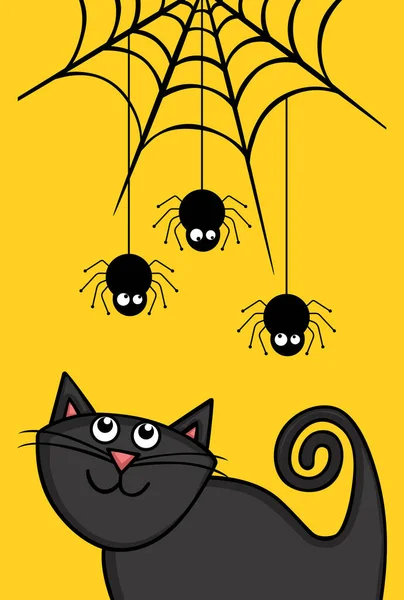 Ilustración Halloween Con Gato Negro Mirando Una Araña Parte Superior — Archivo Imágenes Vectoriales