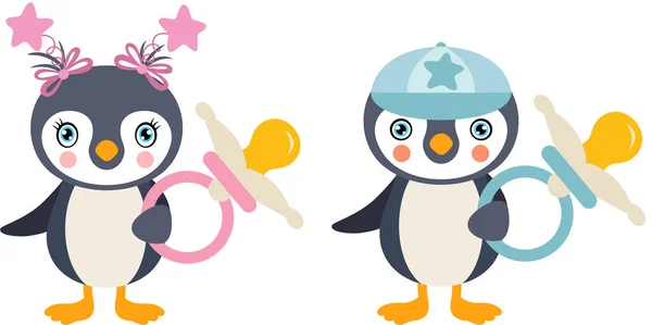 Pingüino Bebé Rosa Azul Sosteniendo Chupete — Vector de stock