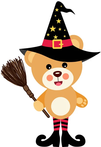 Osito Peluche Halloween Con Sombrero Bruja Sosteniendo Una Escoba — Vector de stock