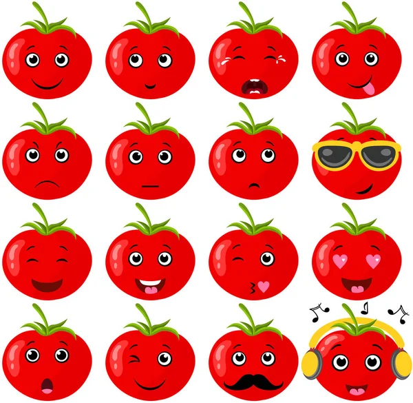 Zestaw Świeżych Czerwonych Pomidorów Różnych Wyrażeniach — Wektor stockowy
