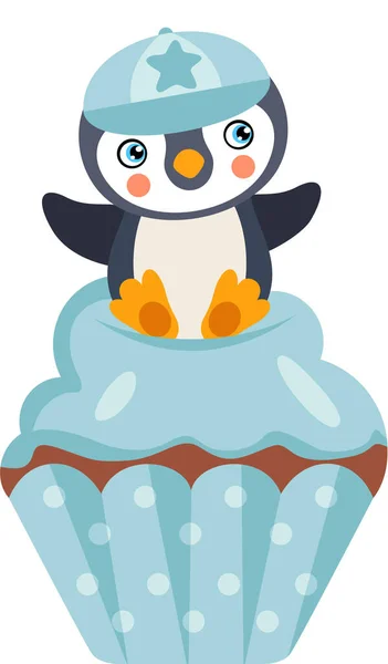 Милый Мальчик Пингвин Вершине Голубого Кекса — стоковый вектор
