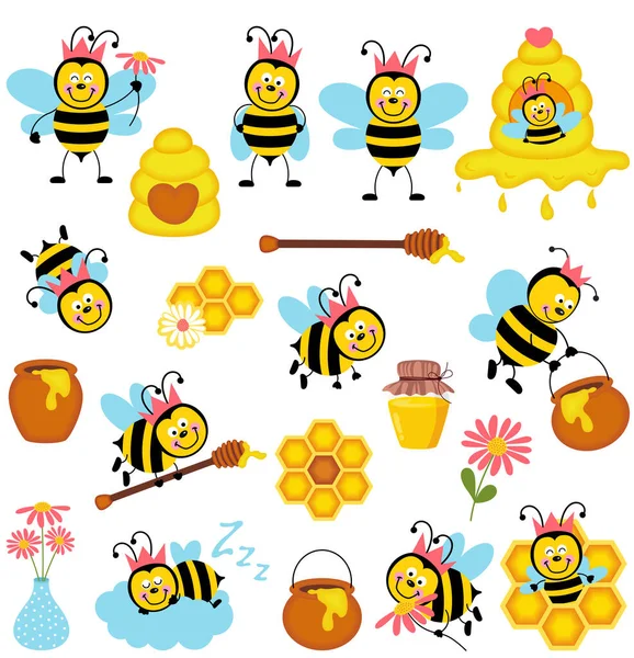 Zábavný Balíček Roztomilého Včelího Medu Sadou Digitálních Prvků — Stockový vektor