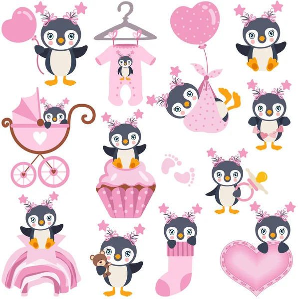 Set Van Roze Digitale Elementen Van Schattige Baby Meisje Pinguïn — Stockvector