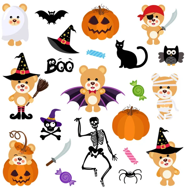 Paquete Divertido Oso Peluche Halloween Con Elementos Digitales Establecidos — Archivo Imágenes Vectoriales