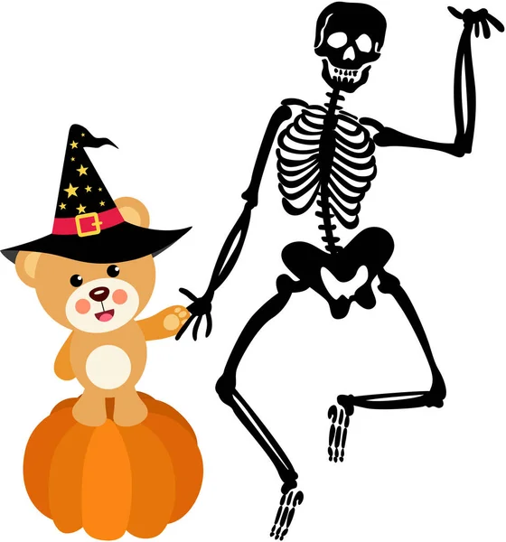 Halloween Teddybeer Bovenop Pompoen Met Skelet — Stockvector