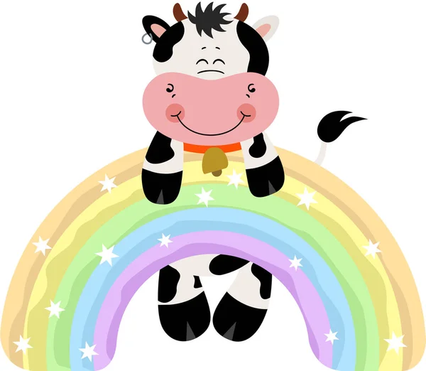 かわいい牛は魔法の虹にぶら下がっている — ストックベクタ