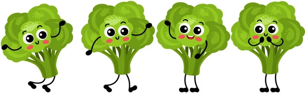 Zestaw Zabawnych Zielonych Brokułów Różnych Pozycjach — Wektor stockowy