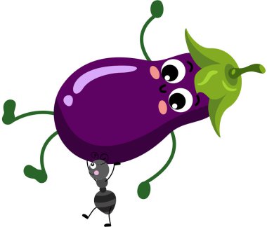 Komik bir patlıcan maskotu taşıyan sevimli karınca. 