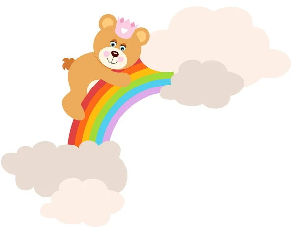 Leuke Prinses Teddybeer Regenboog Met Wolken — Stockvector