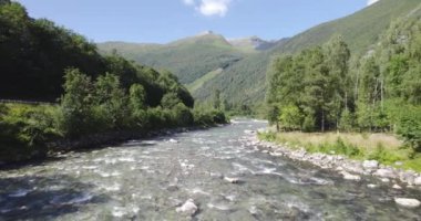 Güneşli bir günde kristal beyaz suyla kayalık sığ bir nehirde geriye doğru hızla uçmak. Arka planda dağlar. Nehir yeşil ağaçlarla çevrili..