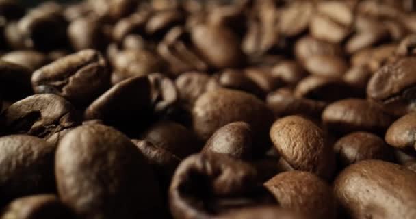 Kahve Tohumlarını Kapat Kavrulmuş Kahverengi Kahve Çekirdeklerine Çok Yakın — Stok video