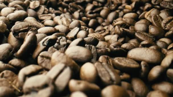 コーヒーの種を閉じます グラインダーに散在する焙煎コーヒー豆 — ストック動画