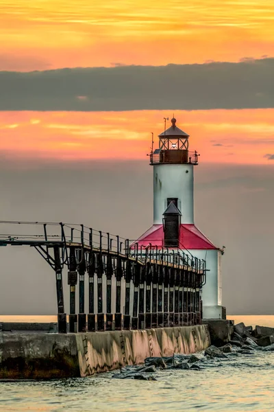 Lighthouse Lake Michigan Michigan City Indiana Backed Cloudy Colorful Sunset — Stock Photo, Image