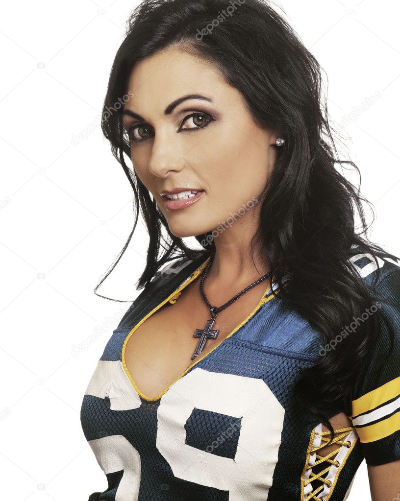 Sexy happy woman in football top
