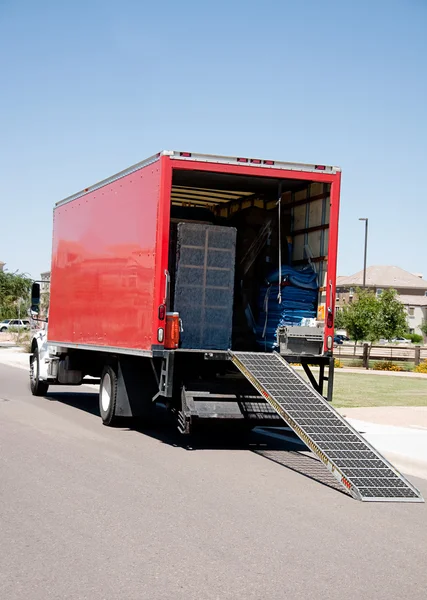 Moving Van On Street With Ramp, Boxes — Stock Photo, Image