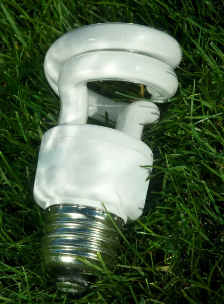Energy saving light bulb on green grass — Stock Photo, Image