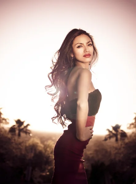 Vacker exotisk kvinna med vackra långa hår — Stockfoto