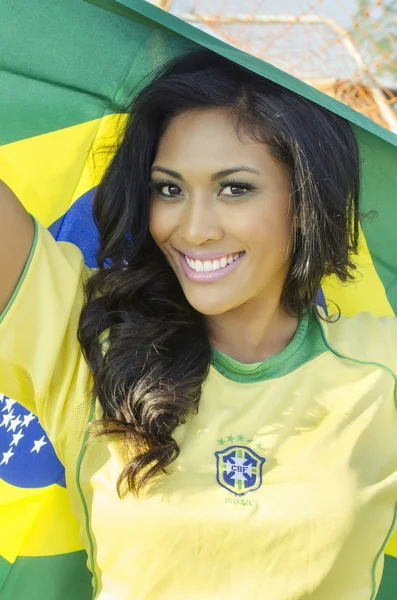 Beautiful smiling Brazil soccer fan — Stock Photo, Image