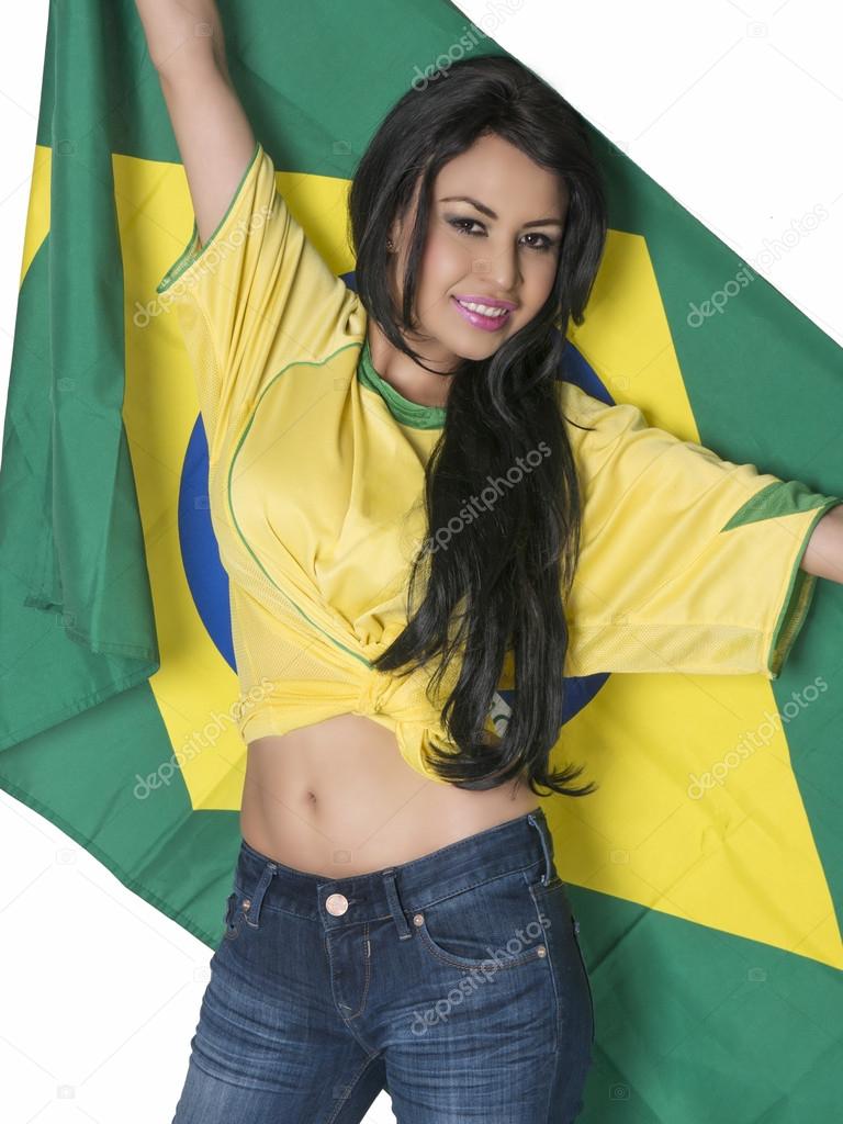 Woman wearing Brazil football soccer shirt