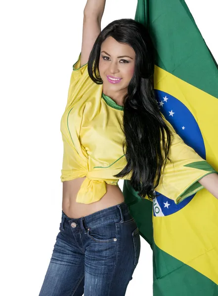 Mujer vistiendo camiseta de fútbol de Brasil — Foto de Stock