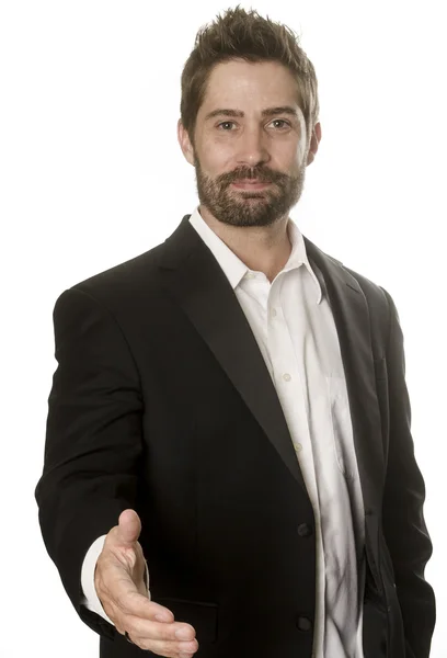 Homem de negócios casuais jaqueta e camisa com gesto de cumprimentar a mão . — Fotografia de Stock