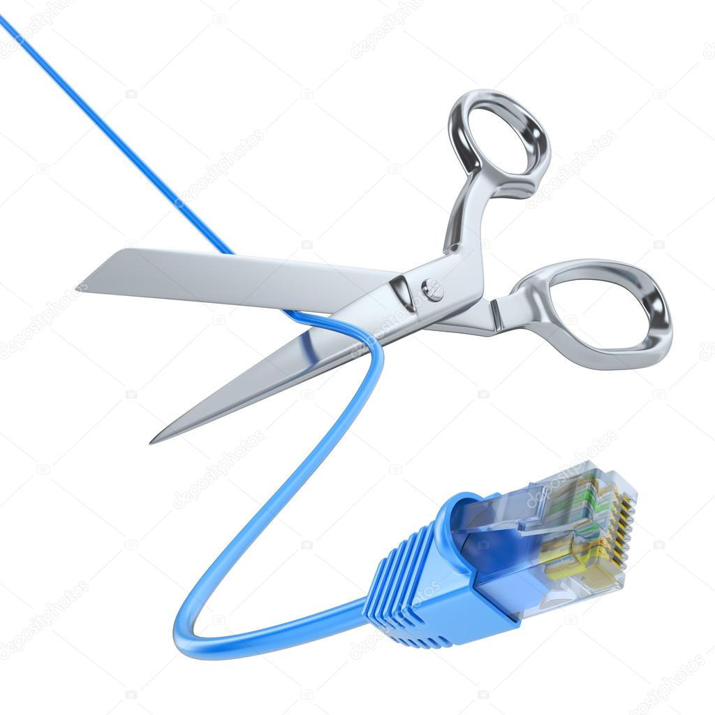 Scissors cutting the network cable
