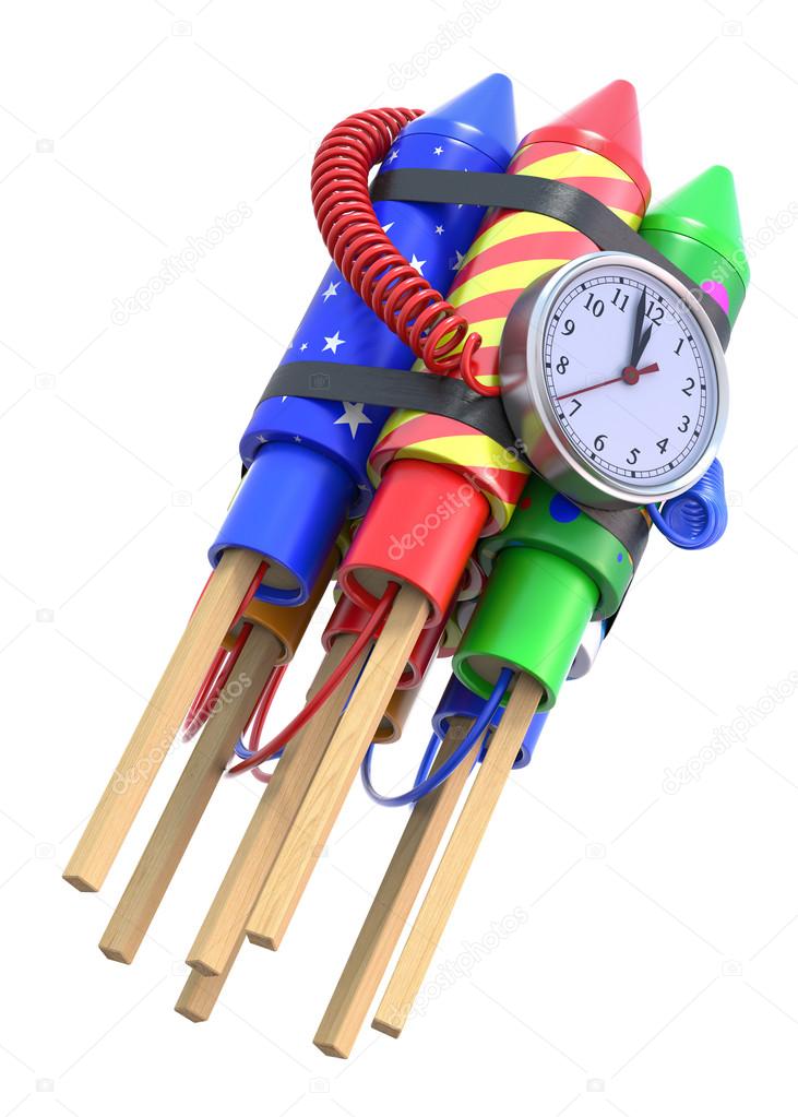 Fireworks rockets with the clock