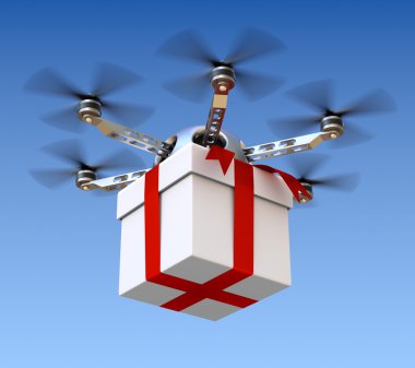 gökyüzü arka plan üzerinde beyaz hediye kutusu ile robot