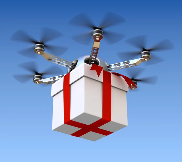 Drone con scatola regalo bianca su sfondo cielo — Foto Stock