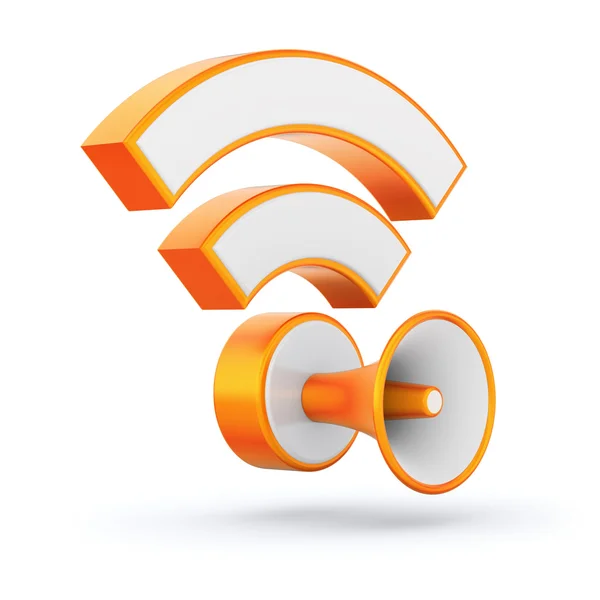 Orange glossy RSS feed sign with loudspeaker — Stock Photo, Image