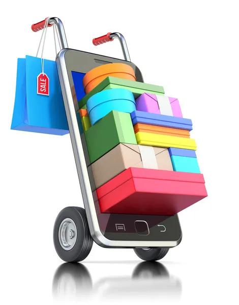 Smartphone con roba per lo shopping — Foto Stock